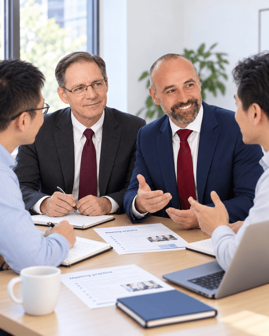 Kevin and Matt discussing English lesson material with two adult learners.